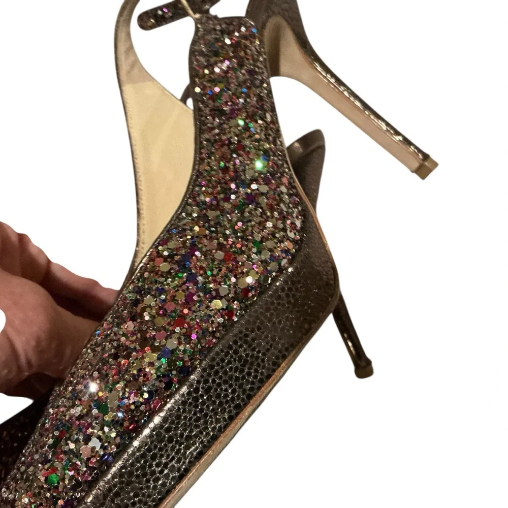 Jimmy Choo Clue platform peep toe multicolored bling slingback heel shoes Sz 40
